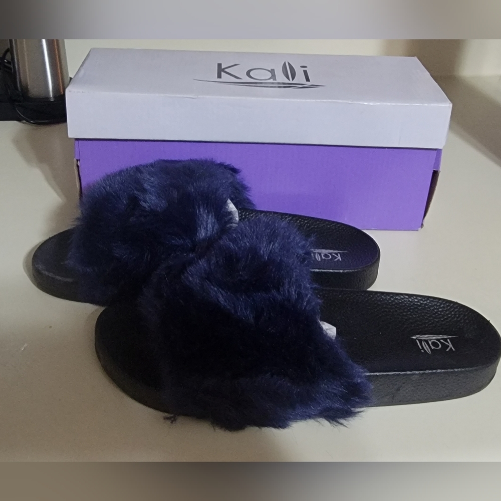 Fuzzy Slip Ons Navy Blue
